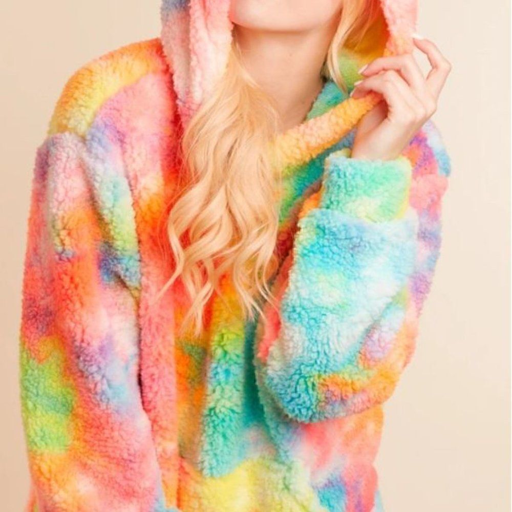 NEW! PLUS Size Multi Color Tie Dye Sherpa Hoodie - Picture 2 of 7